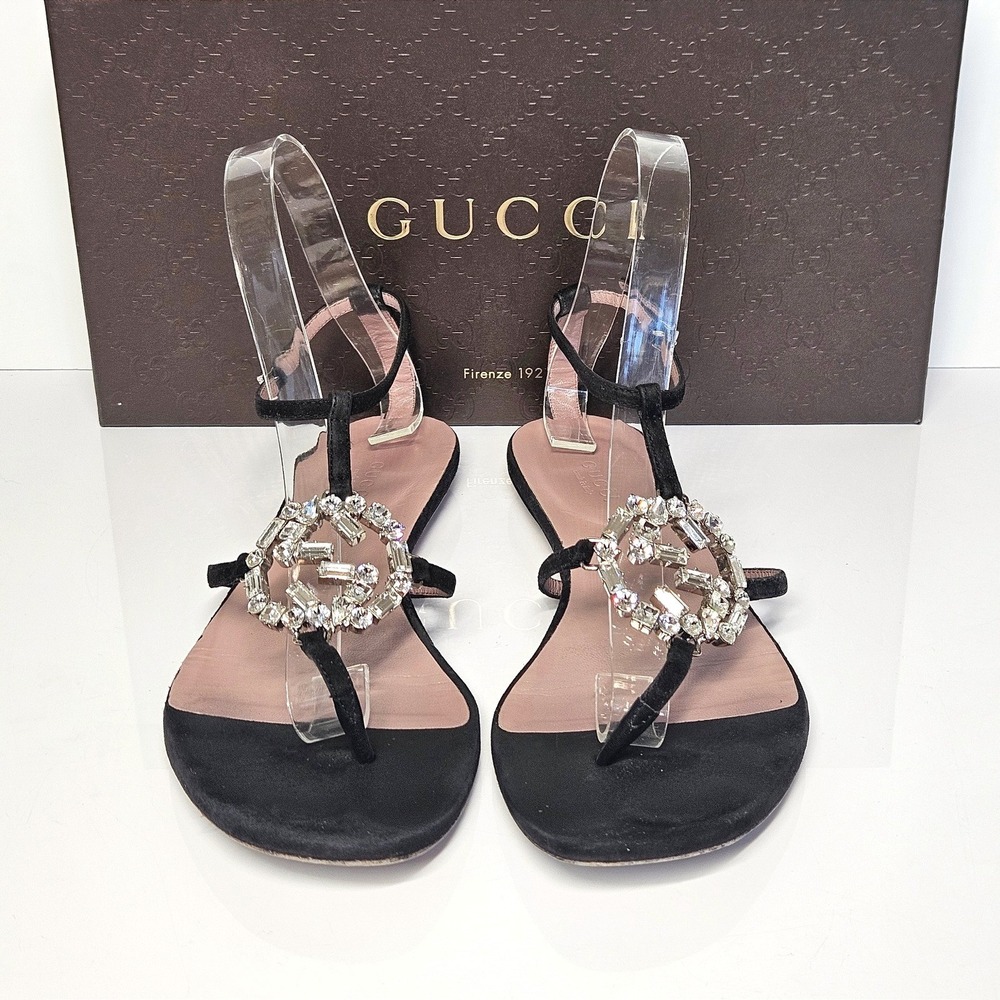 Gucci Black Suede Crystal Interlocking G T-Strap Flat Sandals Glam Size 37.5